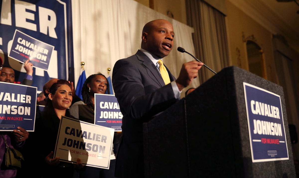 <i>Angela Peterson/AP</i><br/>Cavalier Johnson gives a victory speech after being elected Milwaukee mayor on April 5.