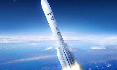 A rendering shows an Ariane 6 rocket. Amazon has secured 18 Ariane 6 rockets with Arianespace