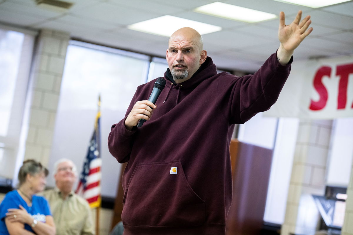 <i>Tom Williams/CQ-Roll Call/Getty Images</i><br/>Democratic candidate for Senate Lt. Gov. John Fetterman speaks during a rally at in Plymouth Meeting