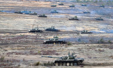 Tanks move during the Union Courage-2022 Russia-Belarus military drills at the Obuz-Lesnovsky training ground in Belarus