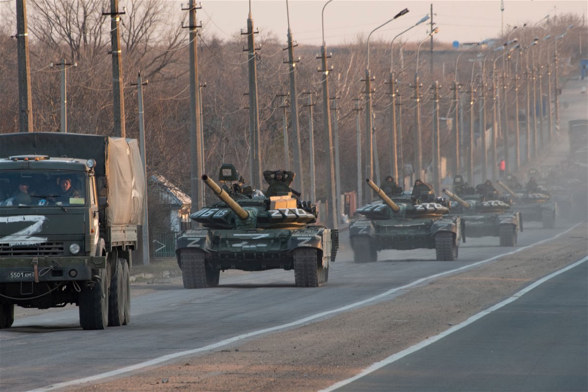 <i>Maximilian Clarke/SOPA/Sipa/Reuters</i><br/>A column of tanks marked with the Z symbol stretches into the distance as they proceed northwards along the Mariupol-Donetsk highway. The battle between Russian / Pro Russian forces and the defencing Ukrainian forces lead by Azov battalion continues in the port city of Mariupol.