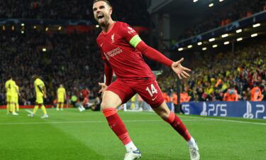 Jordan Henderson celebrates as Liverpool goes ahead against Villarreal.