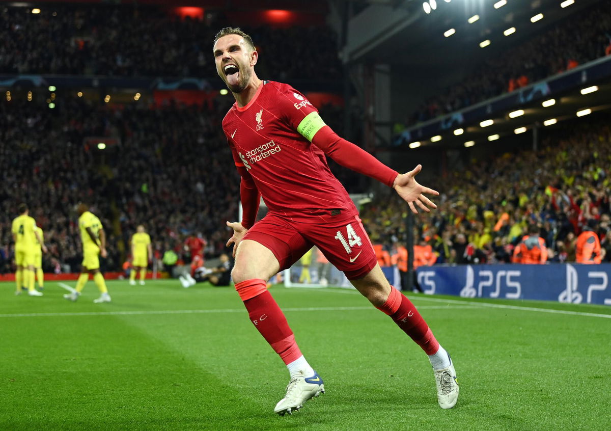 <i>David Ramos/Getty Images Europe/Getty Images</i><br/>Jordan Henderson celebrates as Liverpool goes ahead against Villarreal.