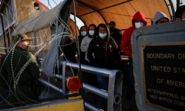 Seen here are migrants at the Paso del Norte International border bridge on April 1. The Biden administration is expected to lay out more of its plans for the US-Mexico border when a Trump-era pandemic restriction lifts.