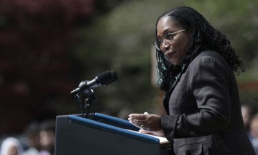 Judge Ketanji Brown Jackson speaks at an event U.S. President Joe Biden and Vice President Kamala Harris hosted celebrating Jackson's confirmation to the U.S. Supreme Court on the South Lawn of the White House on April 8 in Washington