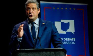 US Rep. Tim Ryan delivers his opening statement during Ohio's US Senate Democratic primary debate on March 28