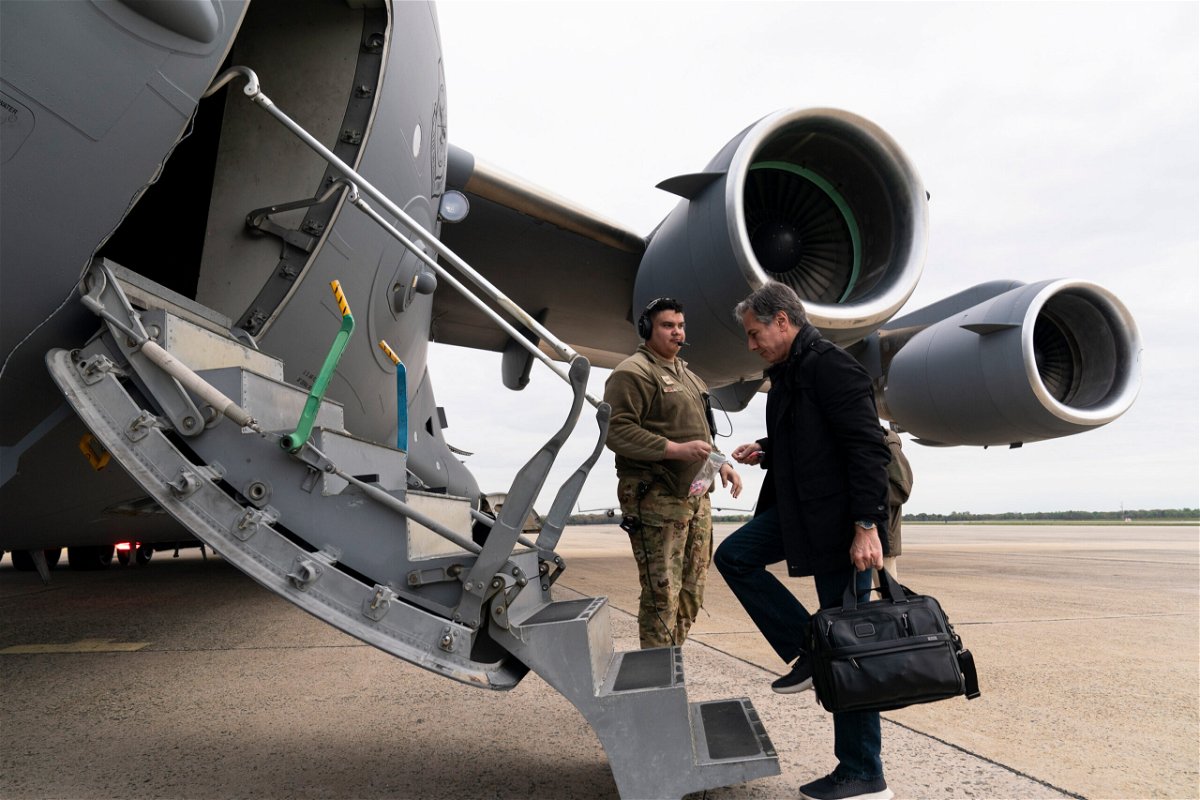 <i>Alex Brandon/AP</i><br/>Secretary of State Antony Blinken boards a plane for departure on April 23 at Andrews Air Force Base
