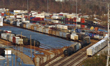 Rail cars are pictured in a flooded railroad yard in New Orleans after Hurricane Katrina in 2005.