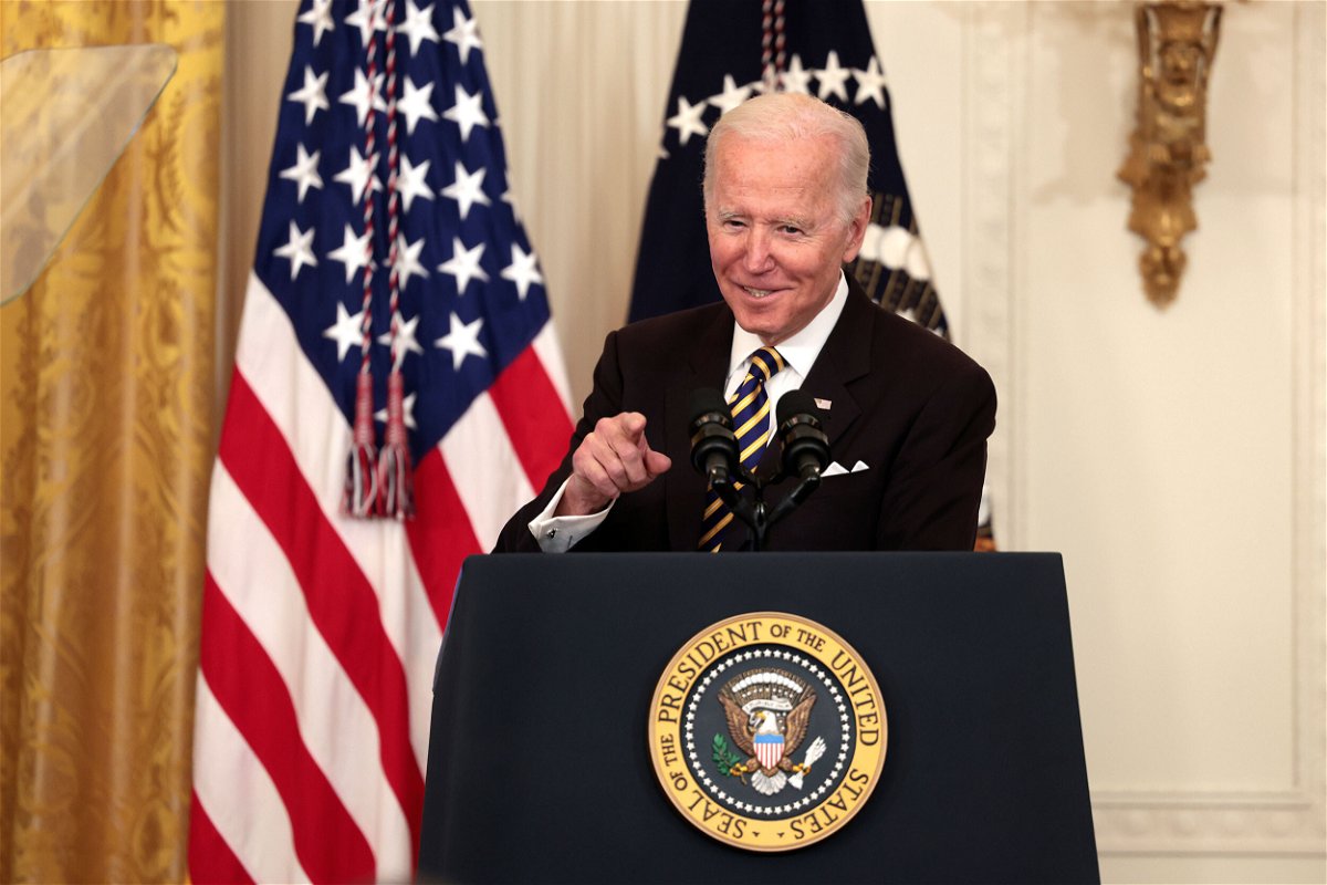 <i>Anna Moneymaker/Getty Images</i><br/>President Joe Biden delivers remarks during an event for the National and State Teachers of the Year in the East Room of the White House on April 27