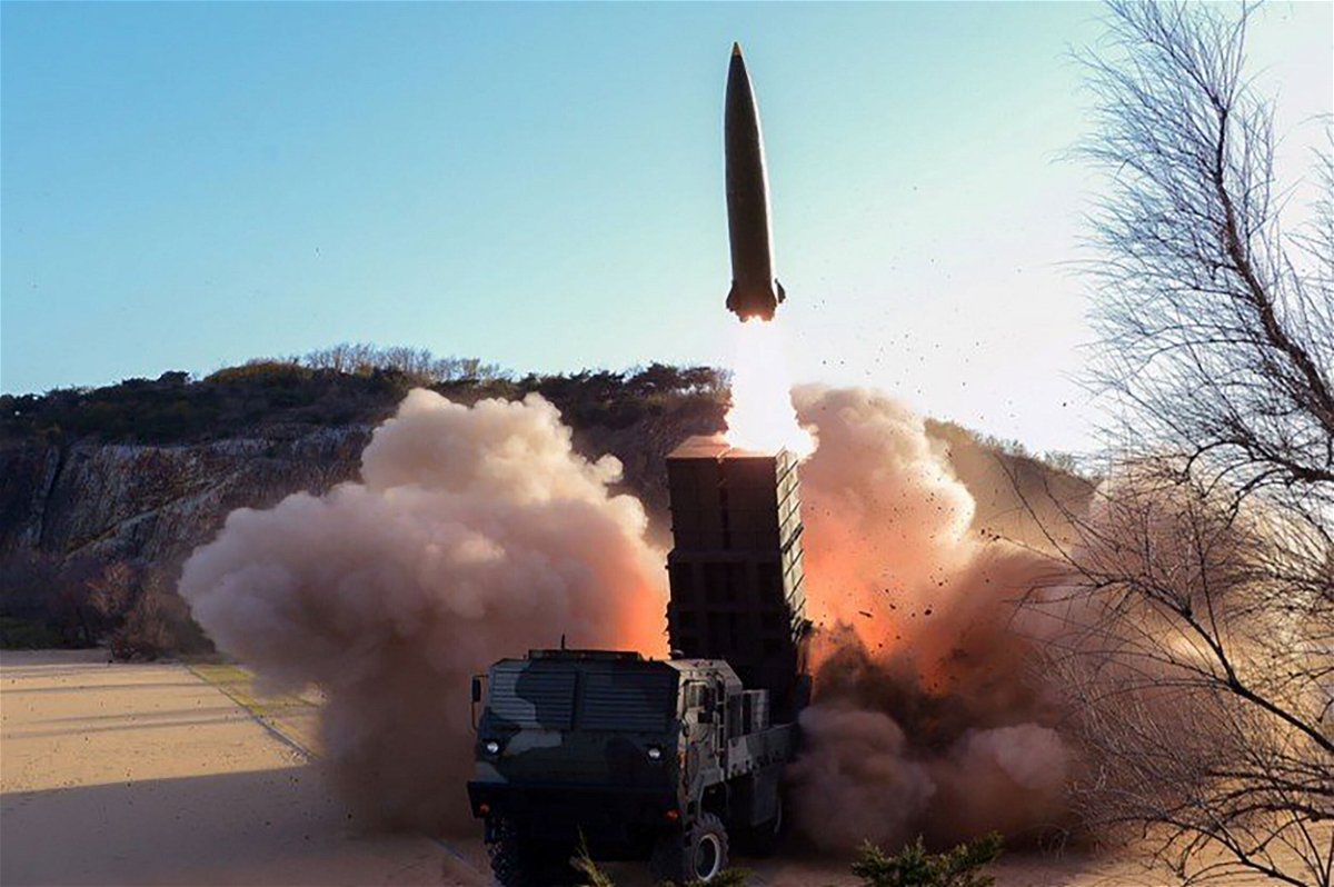 <i>Rodong Sinmun</i><br/>An image published by North Korean state media purporting to show a weapons test on April 16.