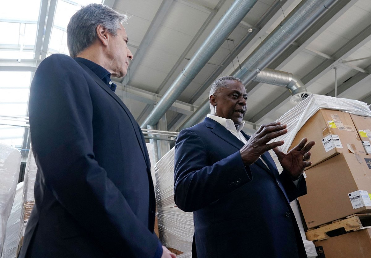 <i>Alex Brandon/AFP/Getty Images</i><br/>Secretary of Defense Lloyd Austin (R) and Secretary of State Antony Blinken (L) speak with reporters after returning from their trip to Kyiv