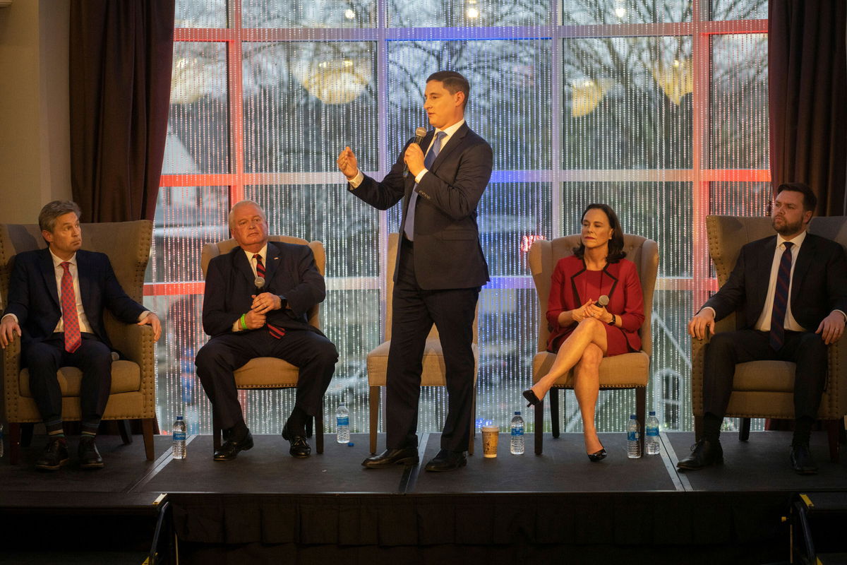 <i>Andrew Spear/Getty Images</i><br/>Josh Mandel speaks at the FreedomWorks Forum for Ohio's Republican Senate Candidates on March 18