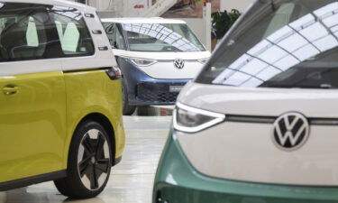 Three models of the Volkswagen ID.Buzz electric bus are shown at the Volkswagen Commercial Vehicles plant on April 2022 in Lower Saxony