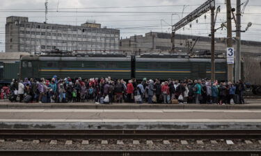 Civilians gather at the Kramatorsk station to be evacuated from combat zones in eastern Ukraine on April 6.