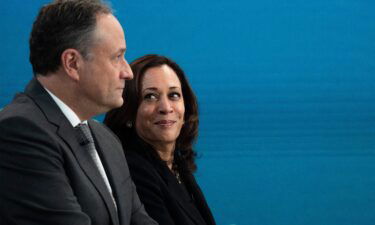 US Vice President Kamala Harris participates in the White House's Virtual Passover Celebration with Second Gentleman Douglas Emhoff (L) at the Eisenhower Executive Office Building in Washington