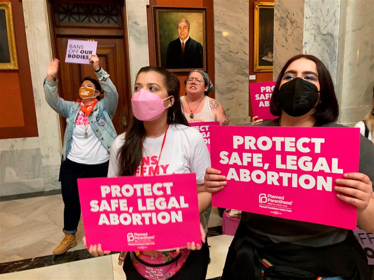 <i>Bruce Schreiner/AP</i><br/>Abortion rights supporters demonstrate at the Kentucky State Capitol in Frankfort on April 13.