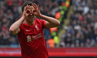 Diogo Jota celebrates after scoring against Manchester City.