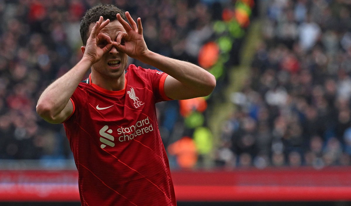 <i>PAUL ELLIS/AFP/AFP via Getty Images</i><br/>Diogo Jota celebrates after scoring against Manchester City.