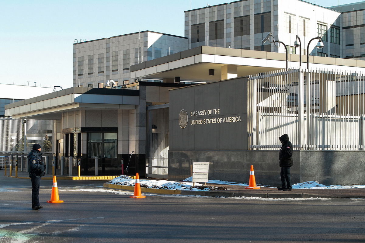 <i>Anna Marchenko/TASS/Getty Images</i><br/>A view of the US Embassy in Kiev. The US diplomatic staff will work from the Ukrainian city of Lviv.