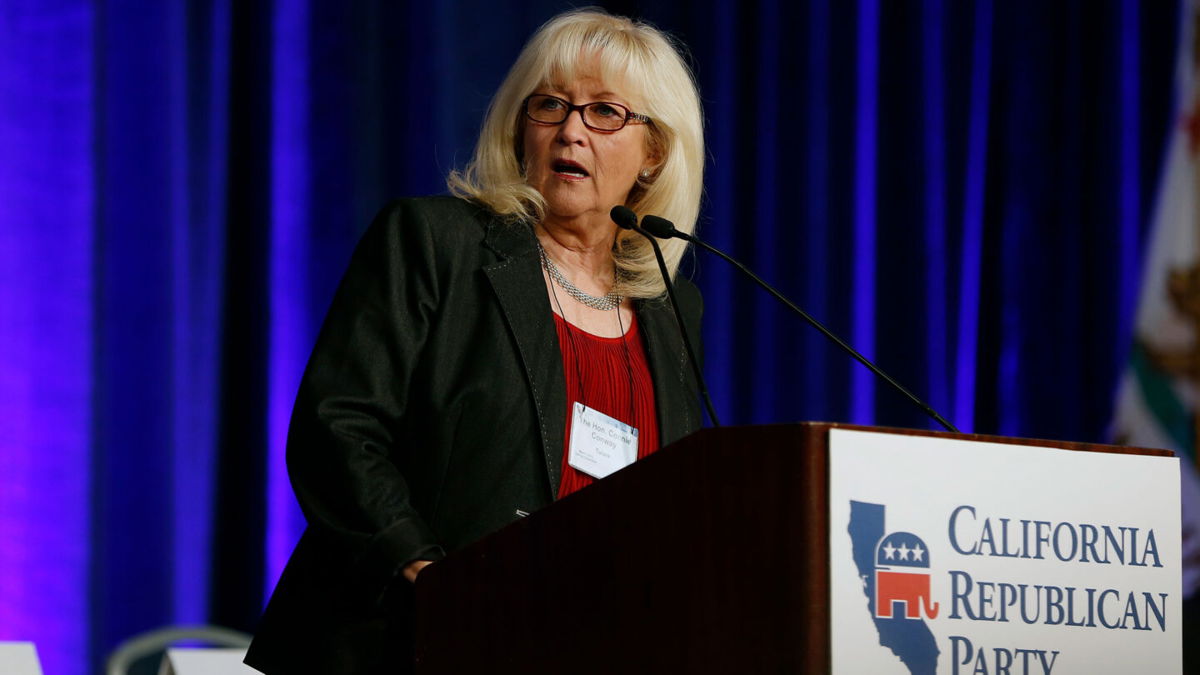 <i>Stephen Lam/Reuters</i><br/>Assembly minority leader Connie Conway (R-Tulare) speaks on stage during the California Republican Party Spring Convention in Burlingame