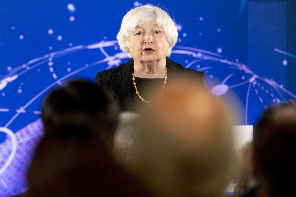 <i>Andrew Harnik/AP</i><br/>Treasury Secretary Janet Yellen and other finance ministers walked Wednesday out of a G20 meeting with Russia. Yellen here speaks on April 7 at the American University in Washington.