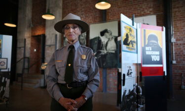 National Park Service ranger Betty Reid Soskin poses for a portrait at the Rosie the Riveter/World War II Home Front National Historical Park on October 24