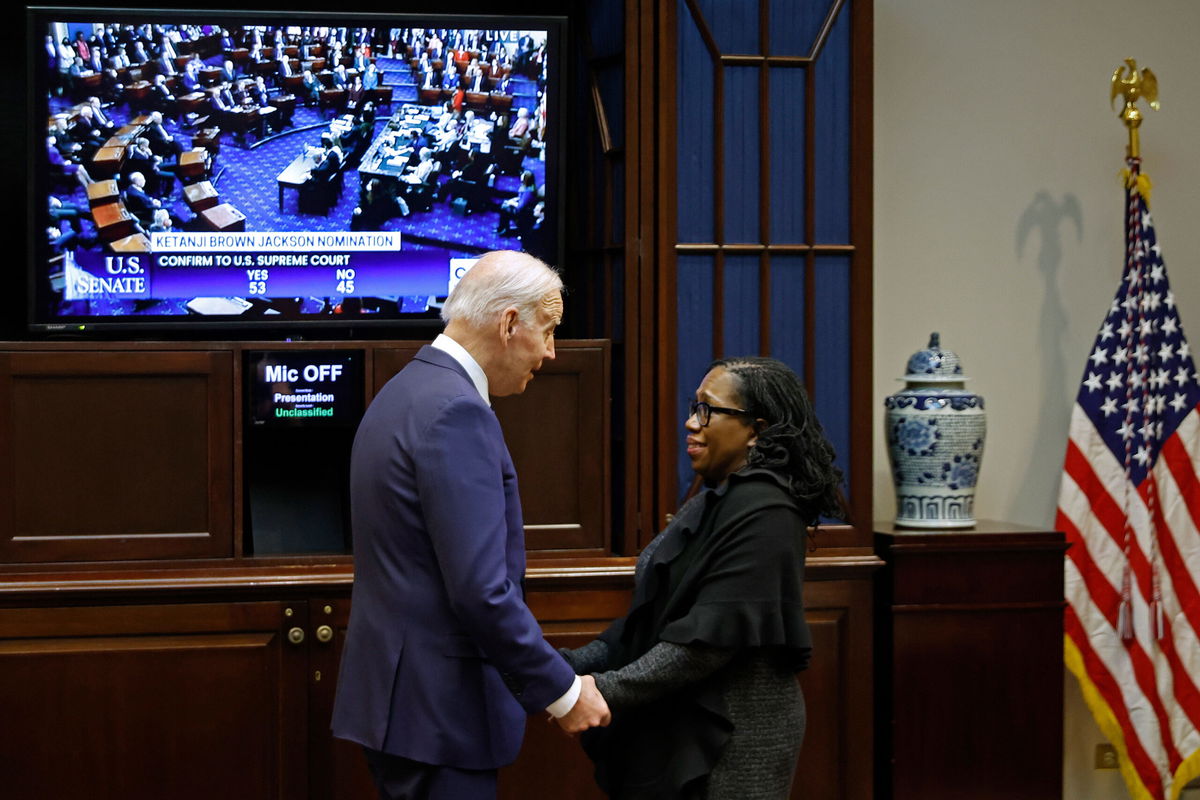 <i>Chip Somodevilla/Getty Images</i><br/>U.S. President Joe Biden congratulates Ketanji Brown Jackson as the U.S. Senate confirms her to be the first Black woman to be a justice on the Supreme Court in the Roosevelt Room at the White House on April 7 in Washington