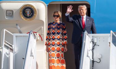 Former President Donald Trump and First Lady Melania Trump exit Air Force One at the Palm Beach International Airport on the way to Mar-a-Lago Club in 2020 in West Palm Beach