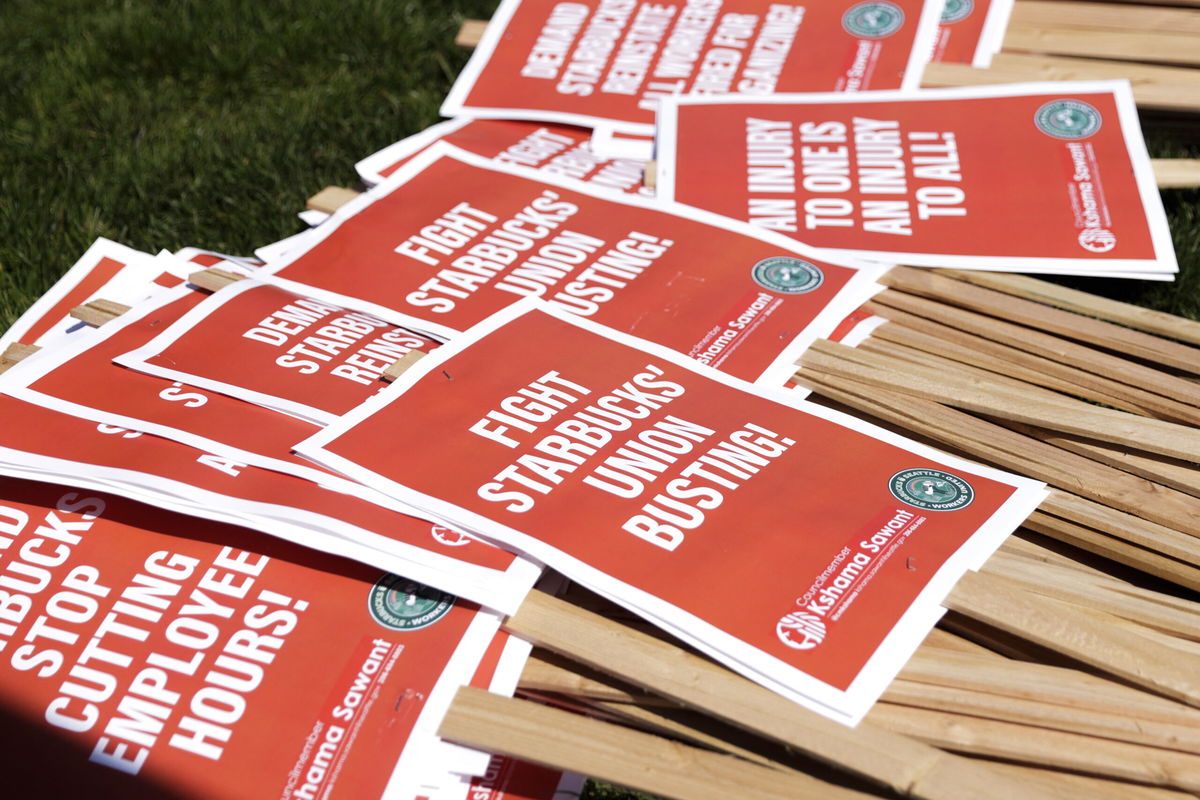 <i>Jason Redmond/AFP/Getty Images</i><br/>Picket signs are seen during the 