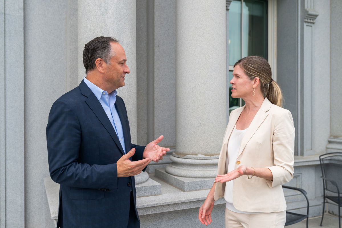 <i>Cameron Smith/White House Photo</i><br/>Second Gentleman Douglas Emhoff and his Chief of Staff Julie Mason meet Tuesday