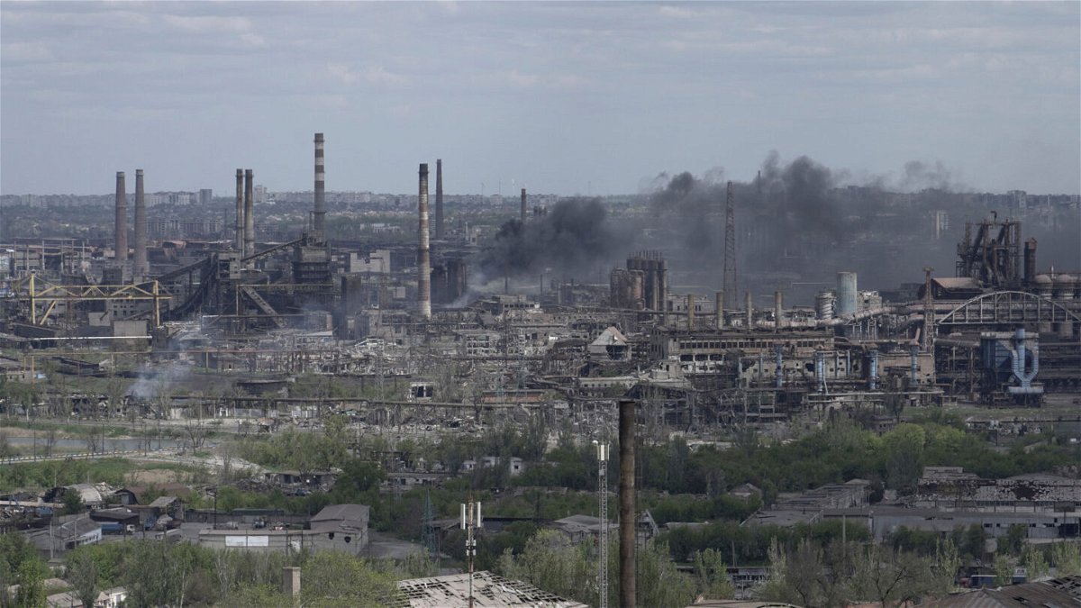 <i>Stringer/AFP/Getty Images</i><br/>A view shows the Azovstal steel plant in the city of Mariupol on May 10
