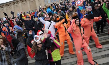 People in costumes perform the Harlem Shake Dance in Szczecin