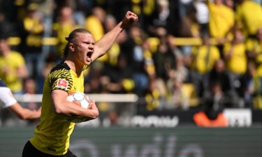 Dortmund's Norwegian forward Erling Braut Haaland celebrates after scoring his team's first goal 1:2 during Bundesliga football match between Borussia Dortmund and VfL Bochum in Dortmund