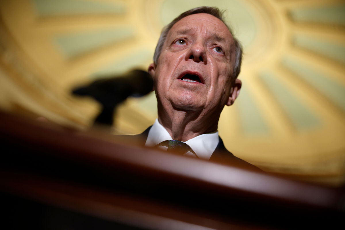 <i>Chip Somodevilla/Getty Images</i><br/>Senate Majority Whip Richard Durbin (D-IL) talks to reporters following the weekly Senate Democratic policy luncheon at the U.S. Capitol on December 14
