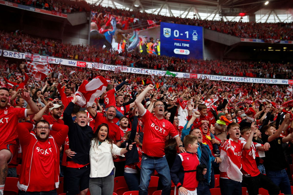 <i>Adrian Dennis/AFP/Getty Images</i><br/>Joy is unconfined among Nottingham Forest fans after the club's promotion to the Premier League.
