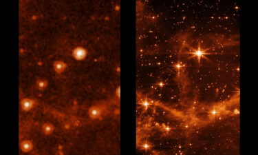 Compare the sharpess and level of detail captured by the Spitzer Space Telescope (left) and the James Webb Space Telescope (right).