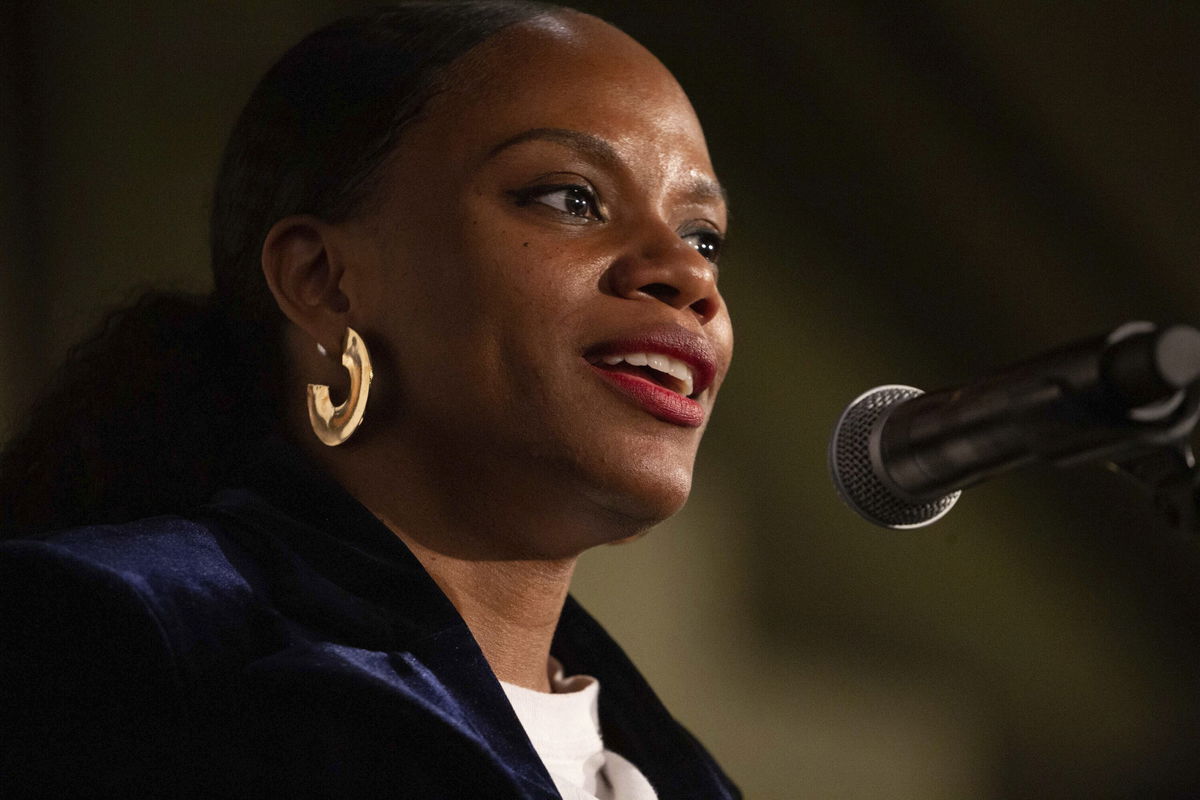 <i>Rebecca Droke/AP</i><br/>Pennsylvania state Rep. Summer Lee speaks to supporters at a campaign stop in Pittsburgh on May 12