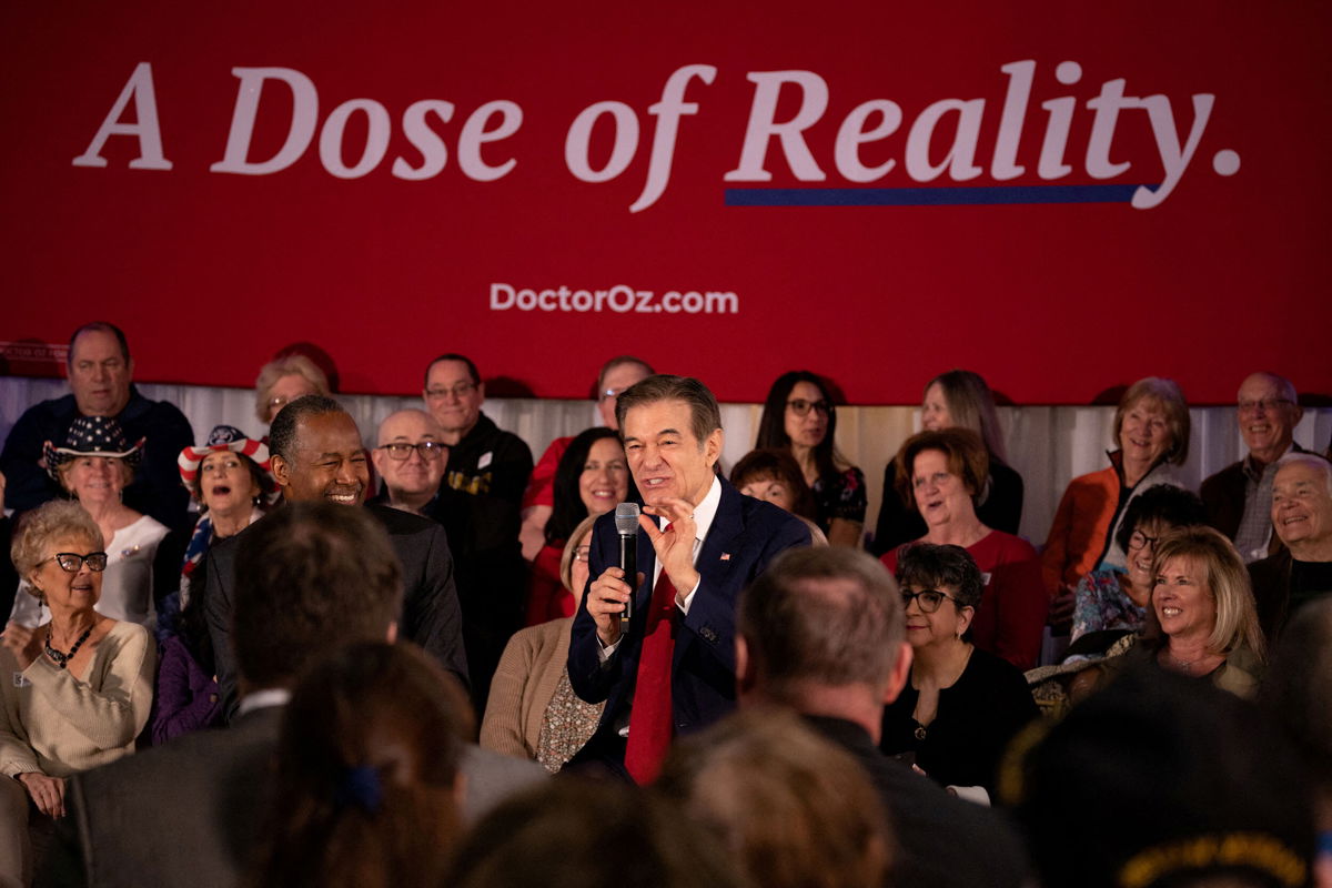 <i>Hannah Beier/Reuters</i><br/>Republican Senate candidate Mehmet Oz speaks at a campaign event in Bristol