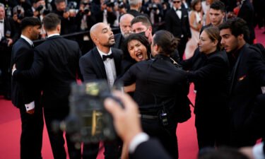 A protester wearing body paint that reads "Stop Raping Us" in the color of the Ukrainian flag is removed from the Cannes red carpet.