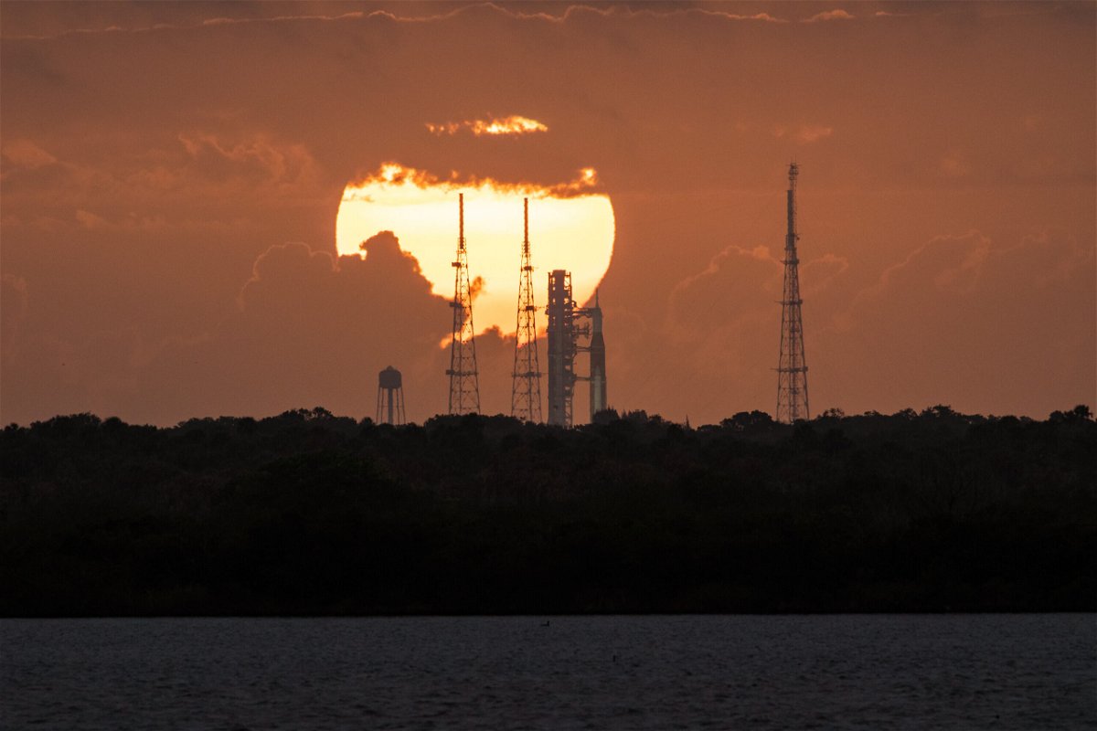 <i>Ben Smegelsky/NASA</i><br/>A view of the Artemis I Space Launch System (SLS) and Orion spacecraft on Launch Pad 39B during sunrise at NASA's Kennedy Space Center in Florida on March 24. The Artemis I mega moon rocket is gearing up for another attempt of its final prelaunch test in June