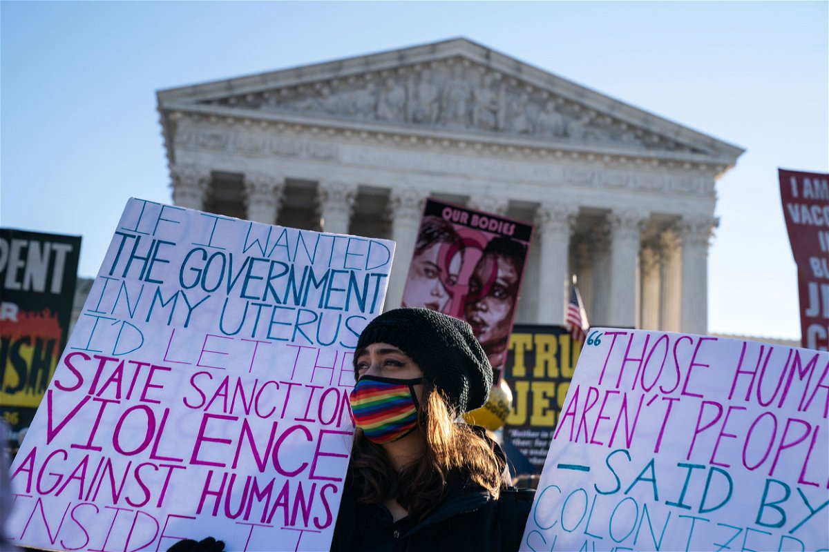 <i>Kent Nishimura/Los Angeles Times/Getty Images</i><br/>Abortion rights advocates and anti-abortion protesters demonstrate in front of the Supreme Court on Dec. 1