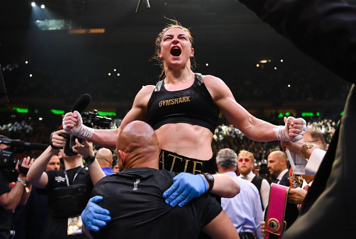 <i>Stephen McCarthy/Sportsfile/Getty Images</i><br/>Katie Taylor celebrates victory after her undisputed world lightweight championship fight with Amanda Serrano at Madison Square Garden in New York.