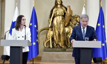 Prime Minister Sanna Marin and President Sauli Niinistö give a press conference to announce that Finland will apply for NATO membership at the Presidential Palace in Helsinki on May 15.