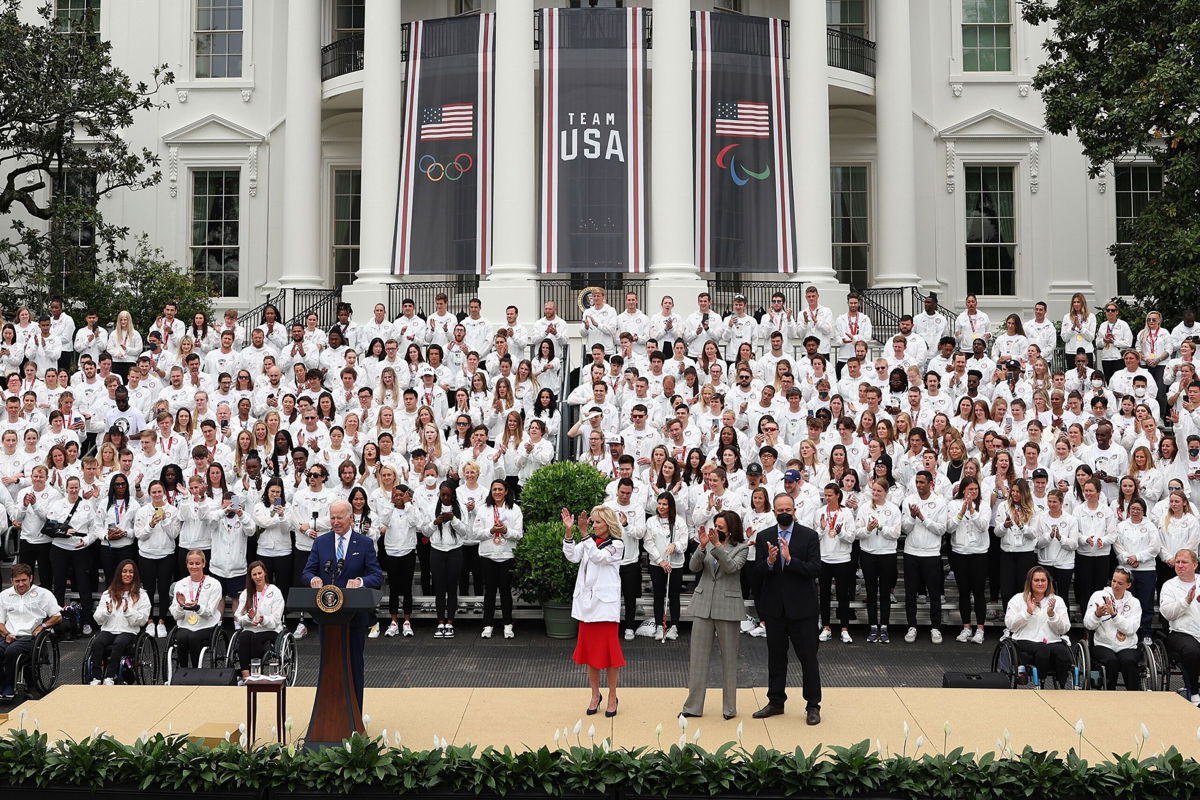<i>Patrick Smith/Getty Images</i><br/>US President Joe Biden praises Team USA in first White House visit since pandemic for 'your endurance and your state of mind'.