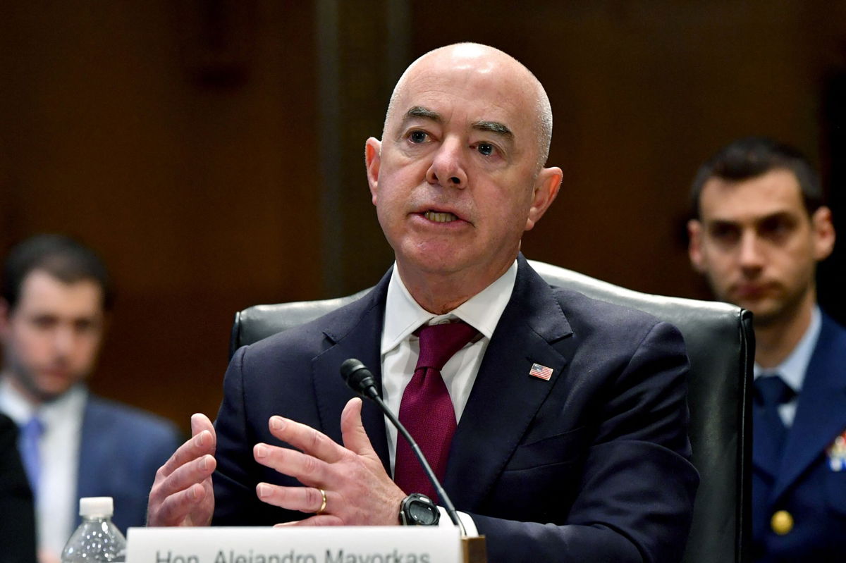 <i>Nicholas Kamm/AFP/Getty Images</i><br/>US Homeland Security Secretary Alejandro Mayorkas testifies before the Senate Appropriations Subcommittee on Homeland Security regarding the 2023 proposed budget estimates for the Department of Homeland Security