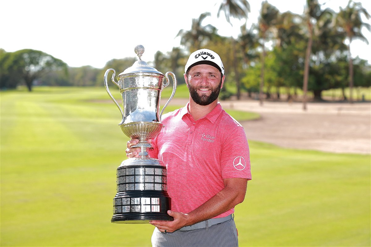 <i>Hector Vivas/Getty Images</i><br/>Jon Rahm of Spain poses with the Mexico Open at Vidanta champions trophy after the final round of tournament on May 01
