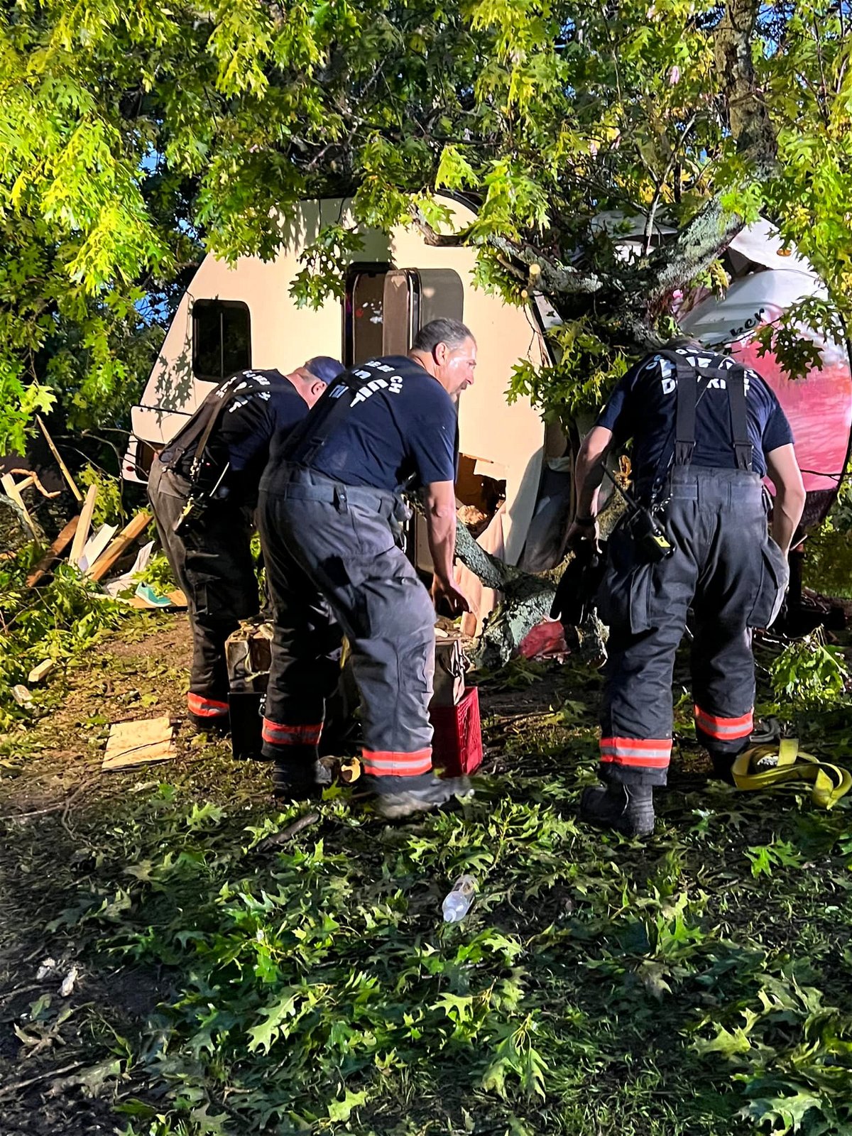 Osage Beach Fire Crews were dispatched to the area of Fort Leonard Wood Recreational Area with reports of a tree on a RV with multiple people trapped. 