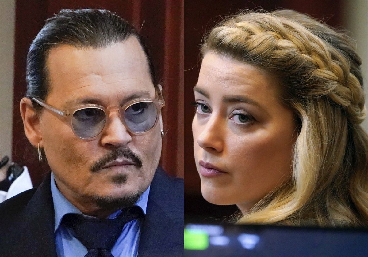 This combination of two separate photos shows actors Johnny Depp, left, and Amber Heard in the courtroom for closing arguments at the Fairfax County Circuit Courthouse in Fairfax, Va., on Friday, May 27, 2022. Depp is suing Heard after she wrote an op-ed piece in The Washington Post in 2018 referring to herself as a 