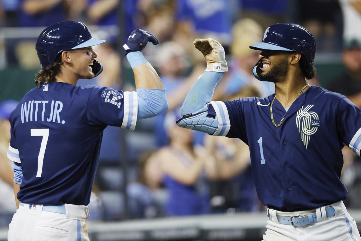 Kansas City Royals' MJ Melendez (1) celebrates with Bobby Witt Jr. (7) at home plate following his three-run home run during the fifth inning of a baseball game against the Baltimore Orioles in Kansas City, Mo., Friday, June 10, 2022. (AP Photo/Colin E. Braley)