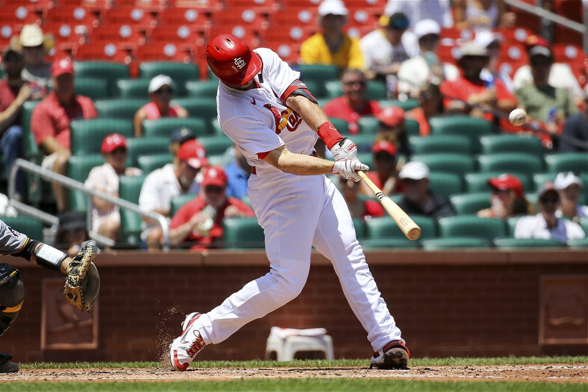 St. Louis Cardinals' Paul Goldschmidt hits a two-run home run during the third inning in the first game of a baseball doubleheader against the Pittsburgh Pirates, Tuesday, June 14, 2022, in St. Louis. (AP Photo/Scott Kane)